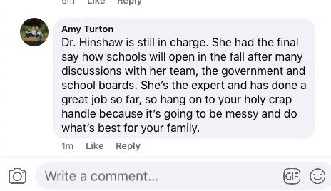 NurseMom5AB's tweet photo. This was on a Spruce Grove chat page. Wife of UCP MLa Searle Turton.
UCP are ALREADY starting their unwise plan to throw Dr.Hinshaw under the bus for lack of #SchoolSafety.
We will not let them. Failure of a #SchoolSafety plan is 100% on UCP.
#FiretheUCP #FundABPublicSchools https://t.co/o7Z6OwnXNO