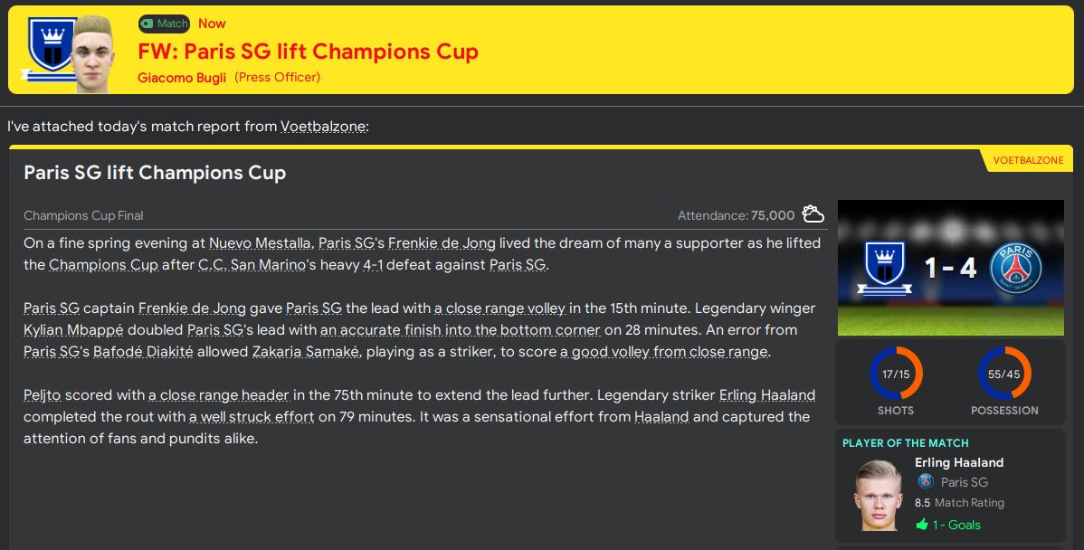 Unfortunately the treble was one step too far this season. San Marino pretty comprehensively beaten in the Champions League final by PSG. Still a great season, but a lot of top clubs circling our star players ahead of the summer transfer window...  #FM20