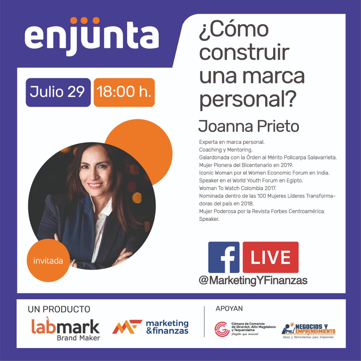 MktFinanzas's tweet photo. ¿Cómo construir una #MarcaPersonal para #Emprendedores? 👨💻
Invitada a #EnJunta CEO de @GeekGirlsLatam 👩💻 @joannaprieto Experta en #MarcaPersonal, #Speaker y #Coach
🔵 Facebook Live miérc. 29 de Julio 6 pm Organiza: @Labmark1 @MktQuijano
@CamaradeGiradot @negociosyempren https://t.co/EEPHhBxFxr