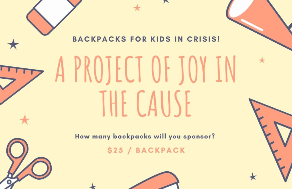 JoyInTheCause's tweet photo. Time to think about Back to School by sponsoring Backpacks for Kids in Crisis! - https://t.co/DbLfjvbQo3 https://t.co/V1NseEi1Yx