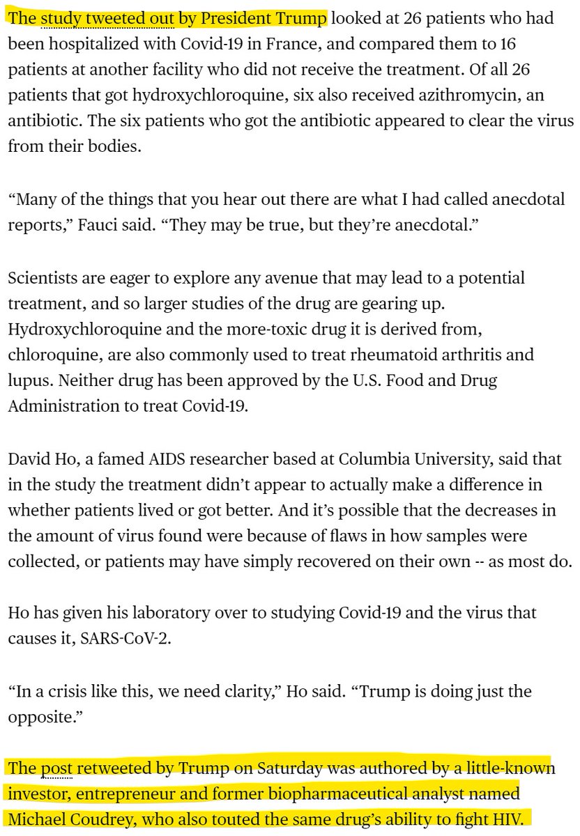 /49  #nCov19  #covid Mr. Coudrey has, apparently, helped President Trump author some of his tweets about hydroxychloroquine: https://www.bloomberg.com/news/articles/2020-03-21/trump-pushes-malaria-drug-for-covid-19-but-evidence-is-lacking