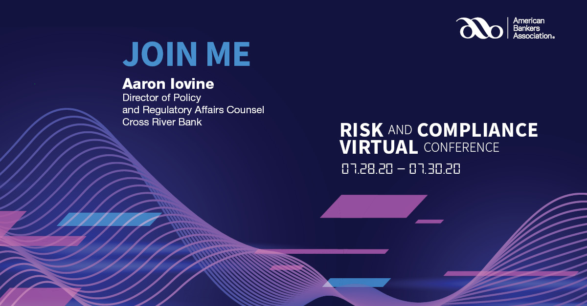 crossriverbank's tweet photo. Join our Director of Policy and Regulatory Affairs Counsel @aaron_iovine and @ABABankers for #ABARCV, a virtual event featuring live and on-demand content, expert insights and a forum for critical conversations. Register here: https://t.co/i1FEkNbTqT https://t.co/Gv95cqqRkJ
