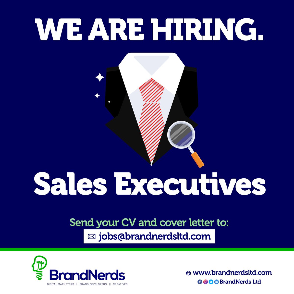 We are hiring sales Executives.
Send your CV and Cover letter to jobs@brandnerdsltd.com

#brandnerdsltd #ghana #BugsBunny #creativeagencyinghana #digitalmarketingagencyinghana  #marketingagency #hiring  #salesexecutivejobs #jobvacancy #vacancy #jobs #bbnaija2020