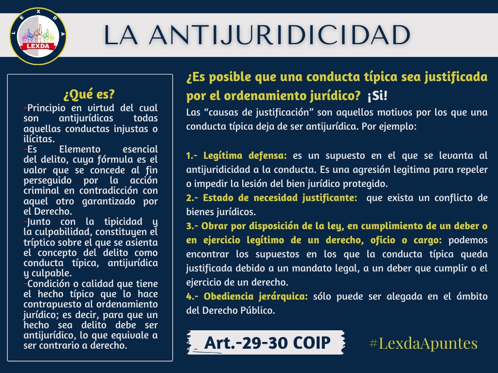 MovimientoLEXDA's tweet photo. #LEXDA es academia.
Hoy en #LEXDAapuntes recordaremos un poco acerca de este elemento del delito #Antijuricidad. https://t.co/j9ofcZYrap