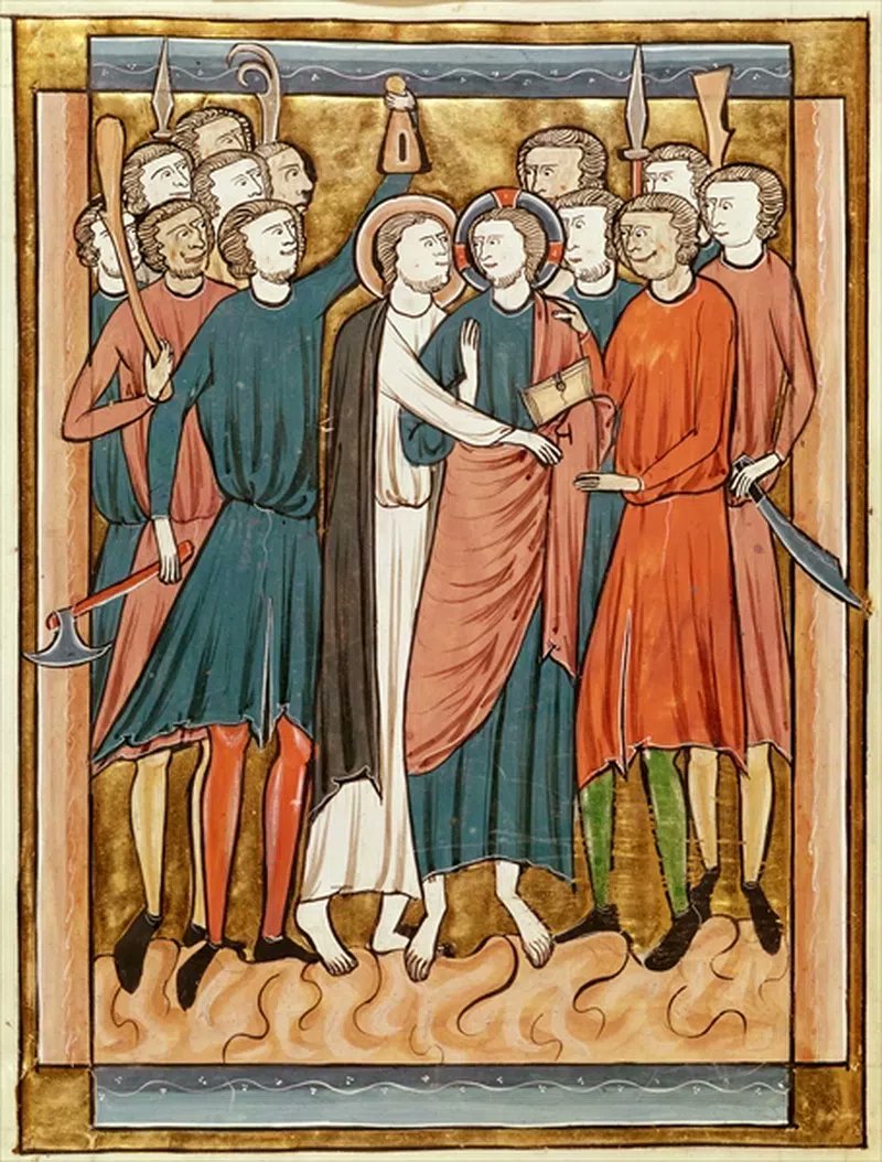 the kiss of judas from psautier a l'Usage de paris: oh im in love with this one. everyone's goofy smiley faces really makes this one. this isnt a betrayal kiss this is just a very intense gay wedding. 11/10