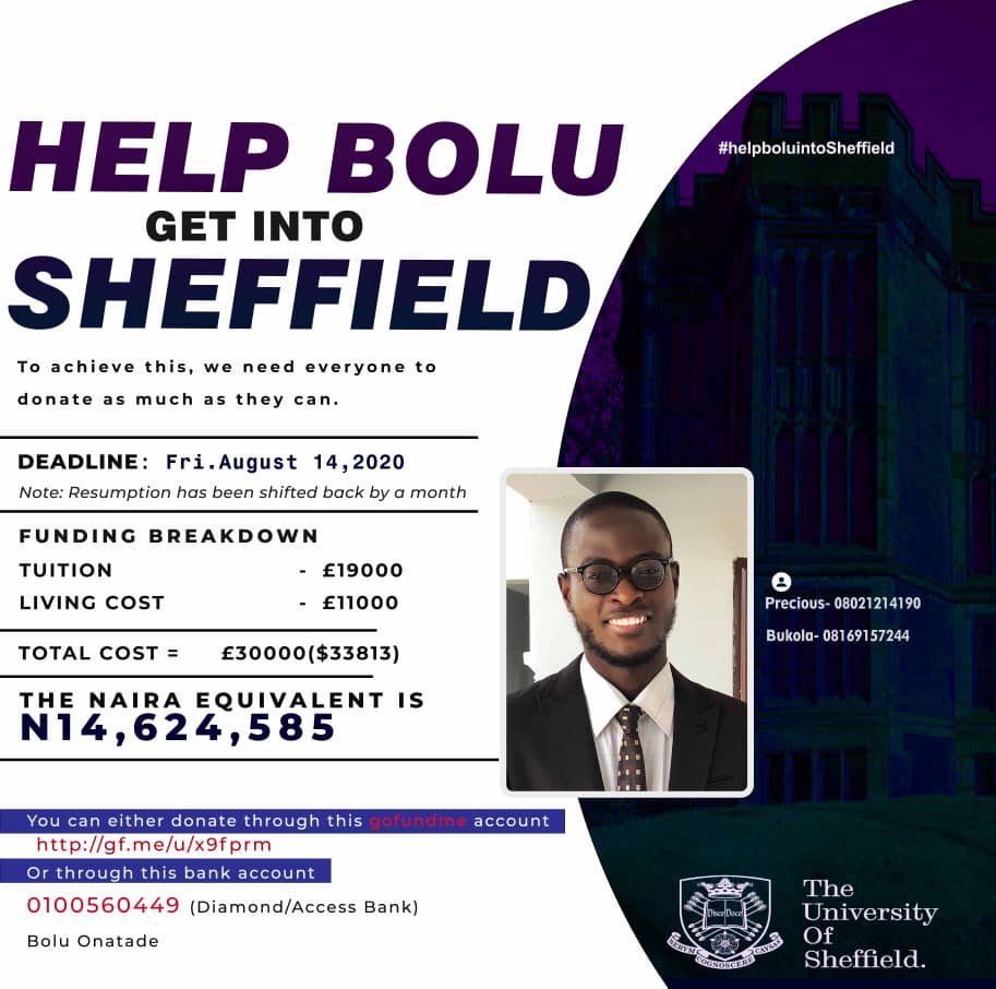 igbotically's tweet photo. Be part of Bolu's success story.
Excellence, like success is hard to attain and harder to sustain and seeing a sterling talent like Bolu Onatade attain excellence, replicate it and reach for higher grounds often challenges me.
#HelpBolutoSheffield https://t.co/0TE0rnl9mv