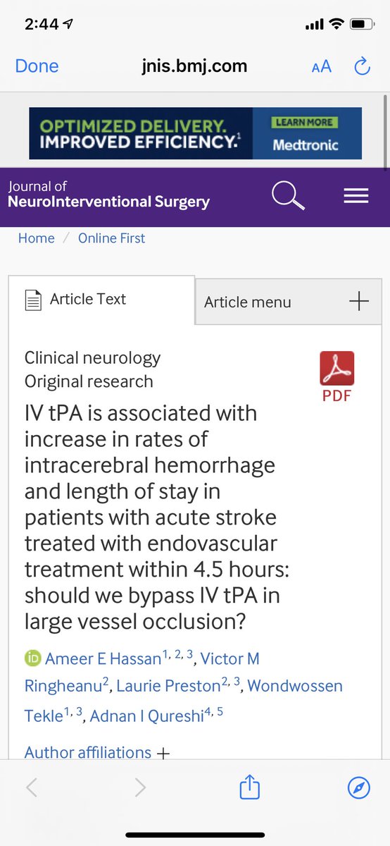 AmeerEHassan's tweet photo. Like we have been saying for a couple of years now, IV TPA with LVO increases rates of ICH & Length of Stay (previous paper showed increased cost as well) Waiting patiently for #SWIFTdirect #MRCLEAN-NoIV & others to release results. #noLVOleftbehind #straightToCathLab https://t.co/WWAVR4fib6