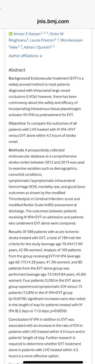 AmeerEHassan's tweet photo. Like we have been saying for a couple of years now, IV TPA with LVO increases rates of ICH & Length of Stay (previous paper showed increased cost as well) Waiting patiently for #SWIFTdirect #MRCLEAN-NoIV & others to release results. #noLVOleftbehind #straightToCathLab https://t.co/WWAVR4fib6