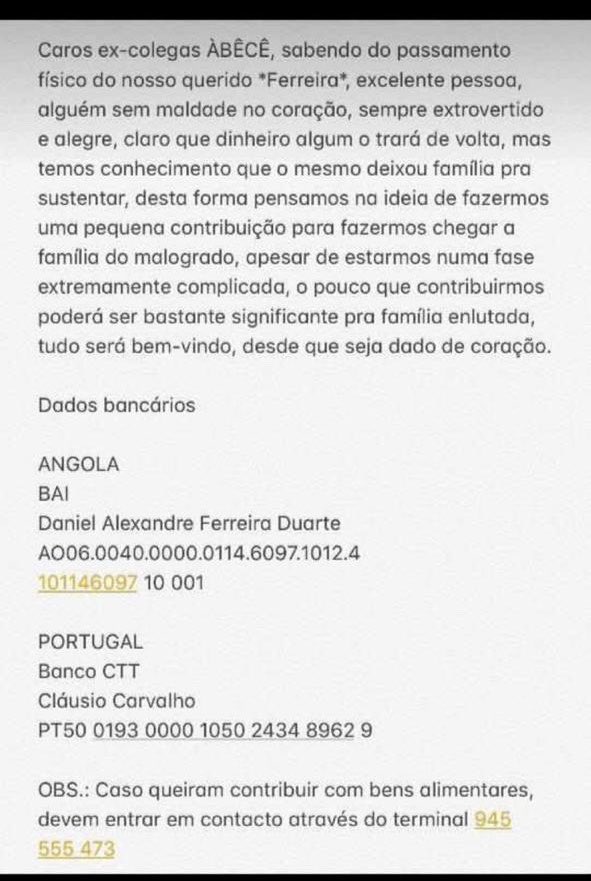 E para quem quiser ajudar a família do nosso querido Ferreira com o pouco que tem, poderá fazê-lo.🤍👼🏼 Que a sua alma descanse em paz .❤️
