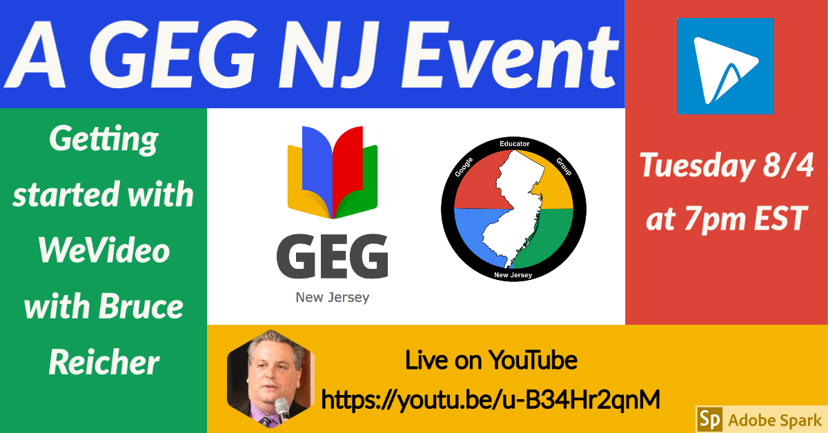 GEGNewJersey's tweet photo. Join us on 8/4 for the #GEGNJ Event of the month of August with @breicher! Don't miss out on leaning about @wevideo from Bruce himself! Tune in live on @youtube https://t.co/BWlUDUWszE @The_Tech_Lady @MissEduTech @ourtechcoach @gegkentucky @GegProgram @GEGHamptonRoads @GEG_UK https://t.co/xL3iwfdRtq