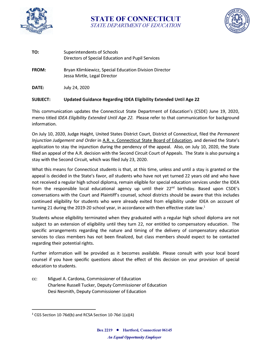 disrightsct's tweet photo. @EducateCT finally told districts that Special Ed students remain eligible up until their 22nd birthday. The BOE is still appealing, trying to take education away from over 600 CT students. Tell them it's wrong. #StopTheAppeal #EdEquality #DisabilityRights https://t.co/yj0XbCV3n0 https://t.co/gBNOWbmELH
