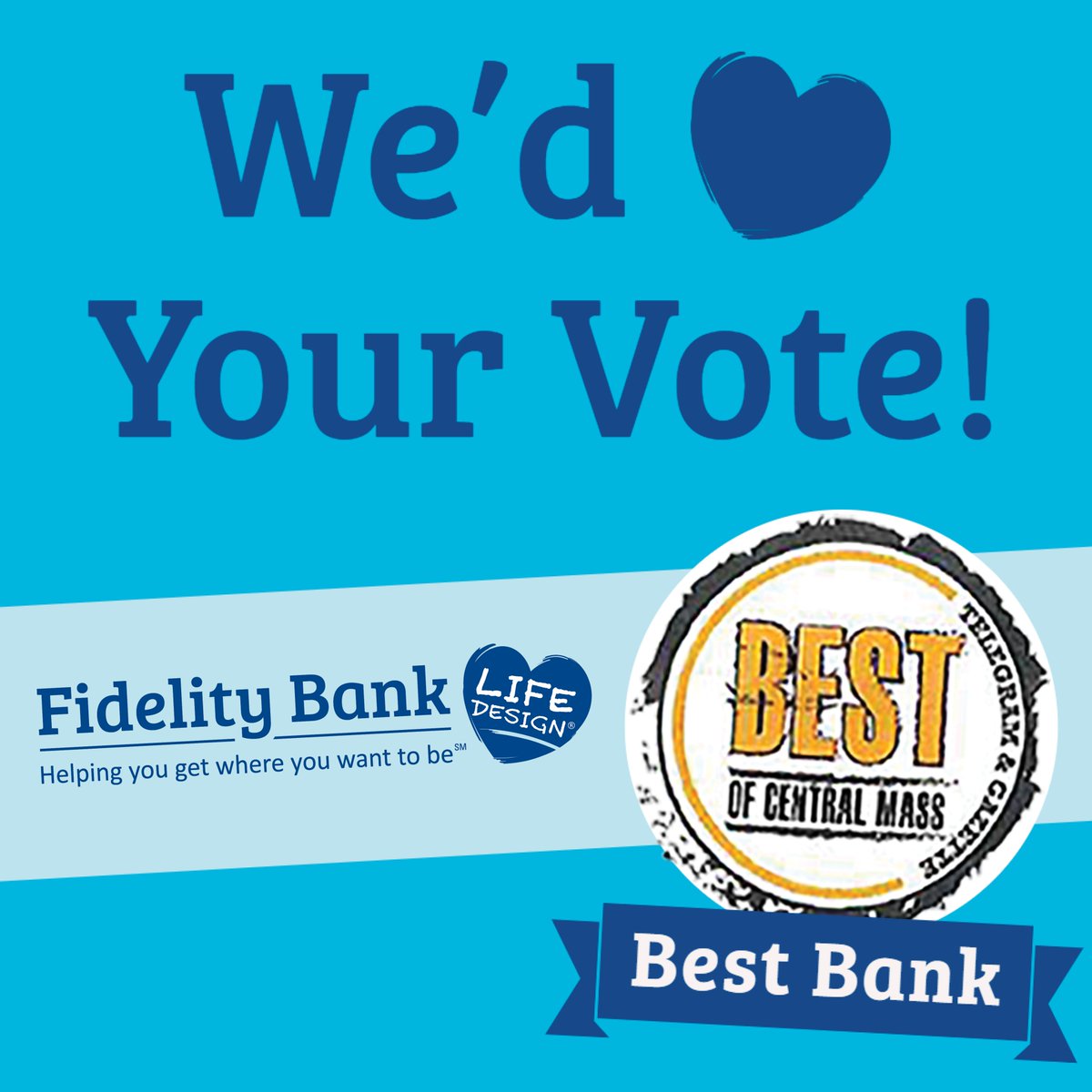 FidelityBankMA's tweet photo. We'd love your nomination in the Worcester Telegram & Gazette Best of Central MA 2020 contest. Voting ends July 31st – let’s do this! Click here to vote: https://t.co/KIkJjbB8Iq
@telegramdotcom #bestbank #bestfinancialservice https://t.co/70DZgIH7re
