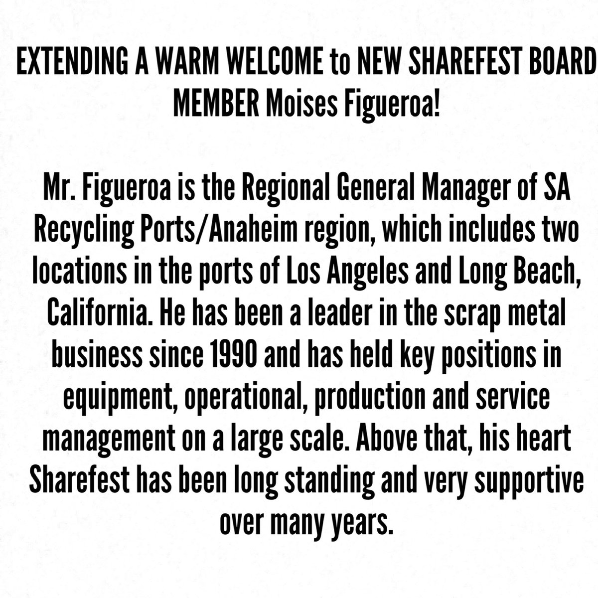 Sharefestinc's tweet photo. Sharefest is delighted to extend a WARM WELCOME to our newest Board Member, Mr. Moises Figueroa of @SaRecycling! We are grateful to have you Mr. Figueroa! https://t.co/lQycJsCNU1