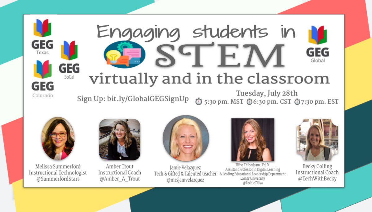 Join us tomorrow to learn more about how you can engage students in STEM virtually in the classroom! <a href="/SummerfordStars/">🌟Melissa Summerford</a> <a href="/TechieTilisa/">T. Thibodeaux, Ed.D.</a> @Amber_A_Trout @TechWithBecky <a href="/GlobalGEG/">Global GEG</a>
Tuesday, July 28th 6:30 pm CST
SignUp   bit.ly/GlobalGEGSignUp
Youtube link youtu.be/_TluqeSgKSI