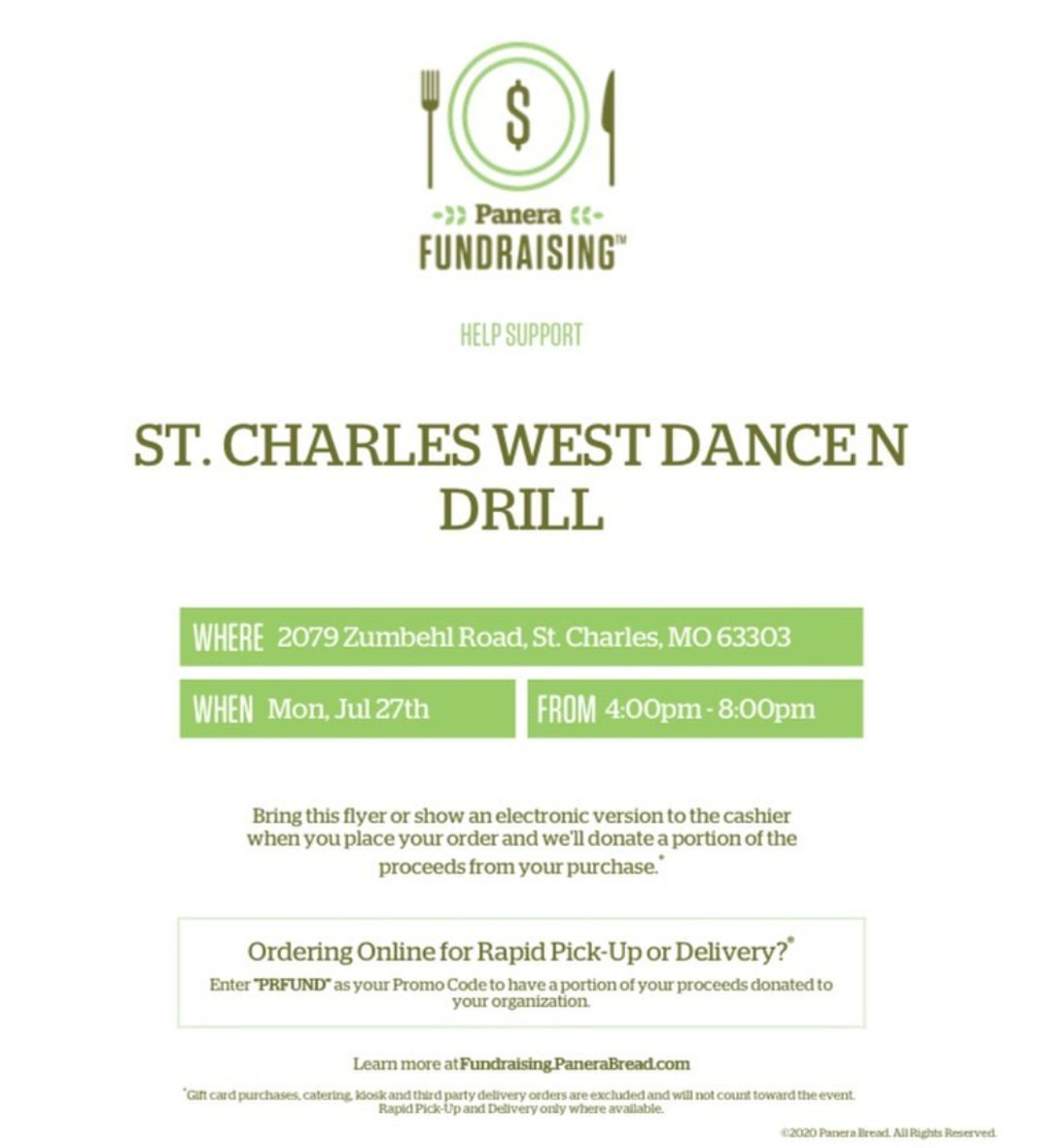 SCWestDance's tweet photo. No need to cook tonight! Come support Dance N' Drill and enjoy a Panera dinner. See attached flyer for more details! Make sure you present this at the time of purchase or use the code if calling in your order. https://t.co/FvYjmnnIae