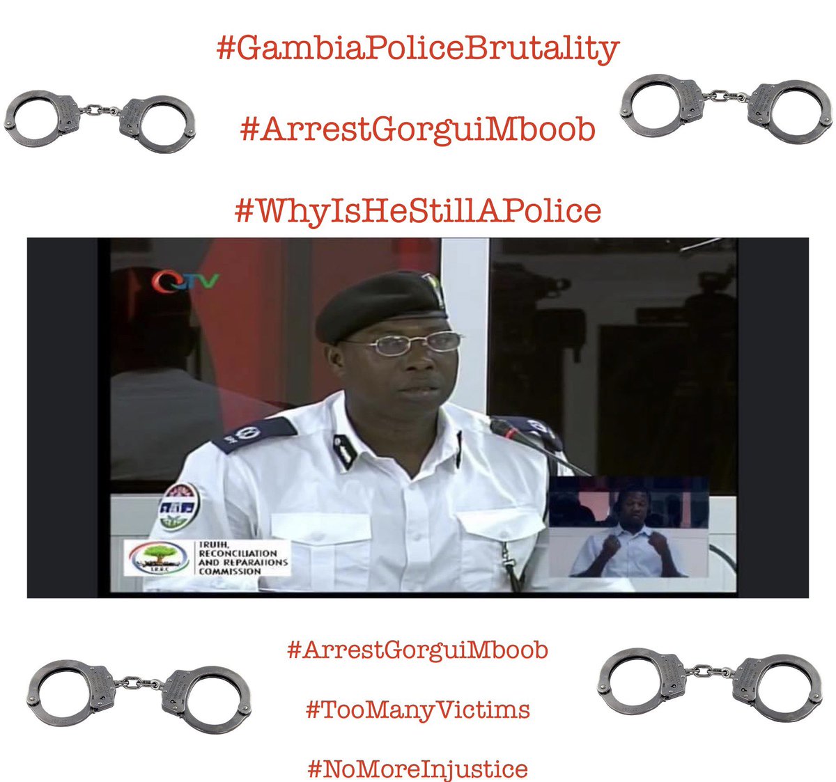 jukacares's tweet photo. We call on all citizens of #Gambia and those who care about human life & dignity to be part of this campaign #ArrestGorguiMboob He took part in April 2000, Gambia students massacre where 14 died.He continues to brutalized Gambians as a police officer up to date. #TooManyVictims https://t.co/jFioTYIsxl