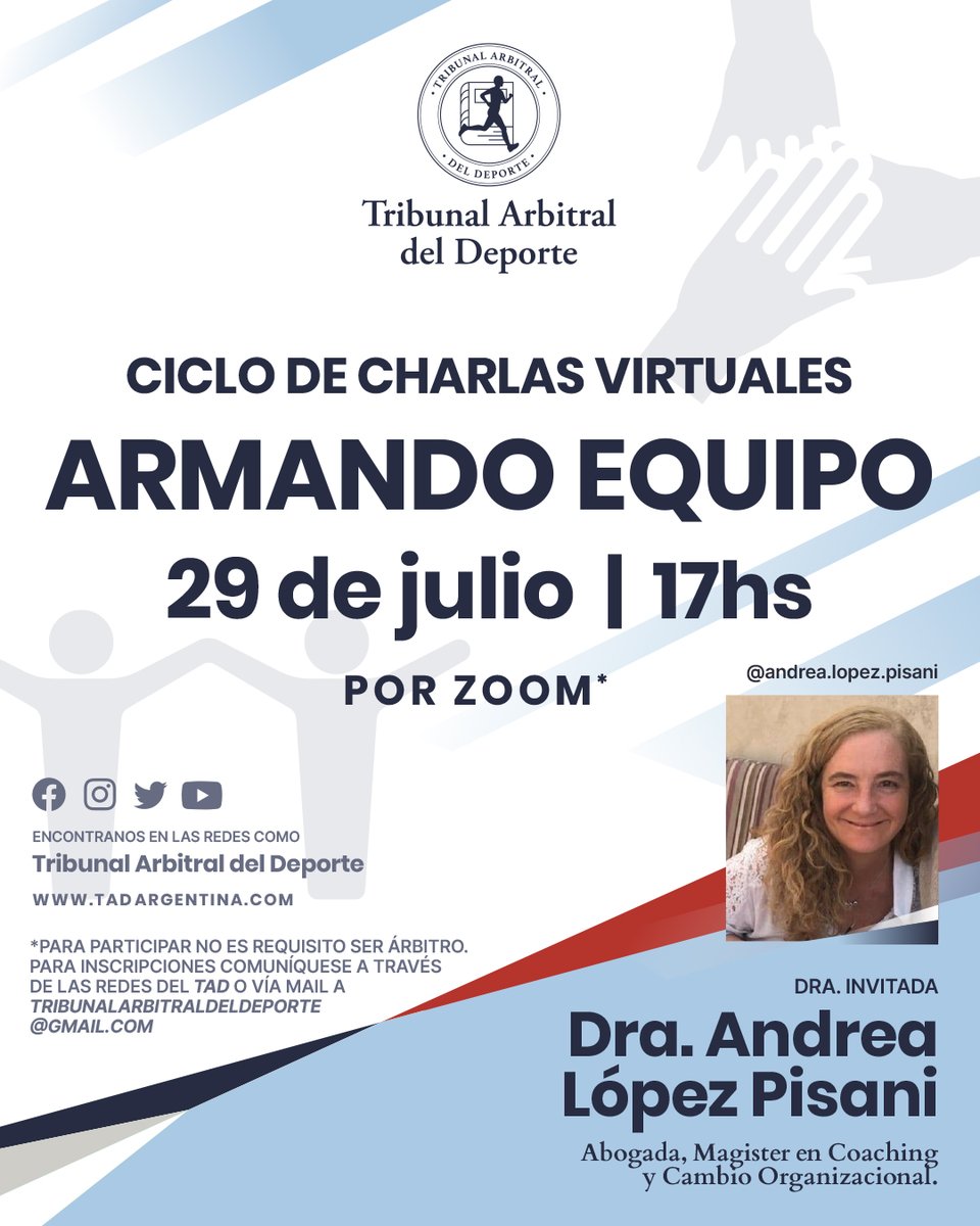 En el ciclo de charlas virtuales, nos visita la Dra. Andrea Lopez Pisani, Abogada, Magister y coaching y cambio Organizacional. Un verdadero honor para el TAD.
<a href="/DeportesAR/">Deportes Argentina</a> <a href="/aredaclubes/">A.R.E.D.A.</a> <a href="/deredeporte/">Derecho del Deporte</a> <a href="/IBDDeportivo/">Instituto Boliviano de Derecho Deportivo</a> <a href="/LigaAFA/">Liga Profesional de Fútbol</a> <a href="/agildominguez/">Andres Gil Dominguez</a> <a href="/aladdeoficial/">Aladdeoficial</a>  <a href="/juanraskovsky/">Juan Raskovsky</a>