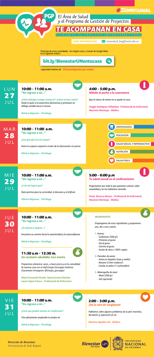 UNALOficial's tweet photo. #SomosAcompañamiento Los invitamos a participar en estas actividades sin costo alguno, que el Área de Salud y el Programa de Gestión de Proyectos han preparado para todos | Inscríbete aquí ➡️ https://t.co/irt0zAuG9m | @bienestarbogota https://t.co/zCOuG65jEJ