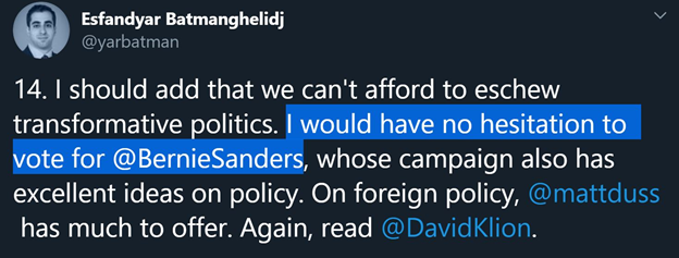 9)And Americans should know that NIAC & Iran's network of apologists/lobbyists, had placed their full support behind Bernie Sanders.Their focus: returning to the Obama years & a nuclear deal with Tehran, and the mullahs using the money to fuel terrorism.