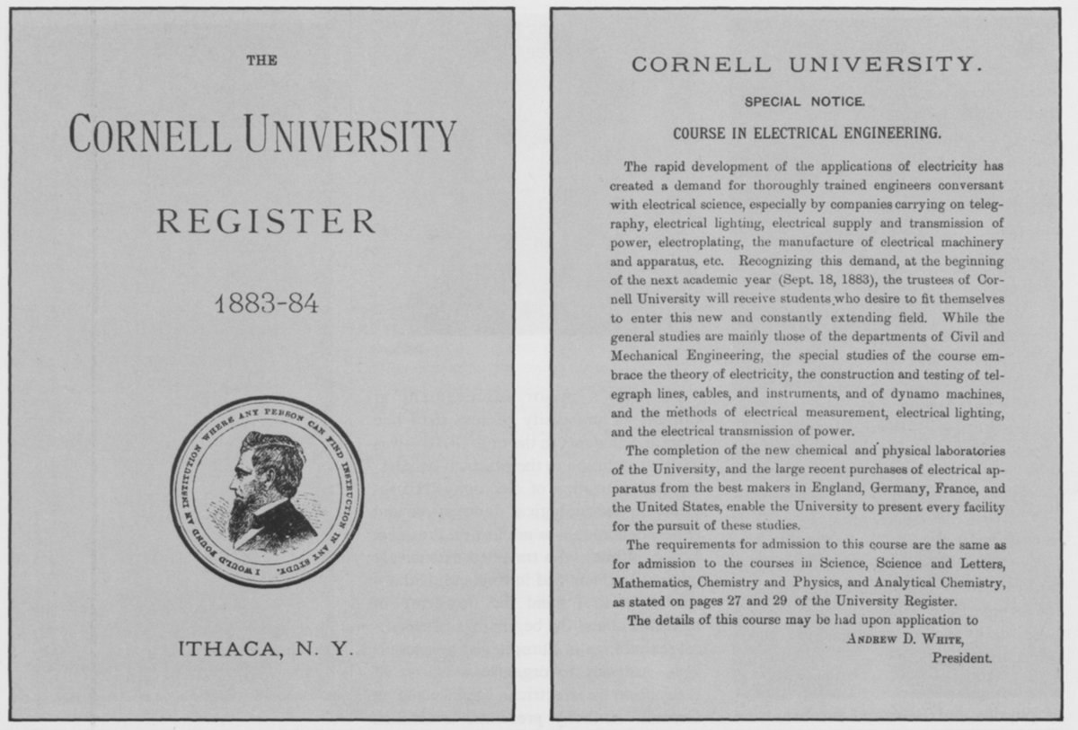 The <a href="/Cornell/">Cornell University</a> registrar noted in 1883 that "the rapid development of the applications of electricity has created a demand for thoroughly trained engineers." Thus, the nation's first course of study in electrical engineering was born, 137 years ago. <a href="/CornellECE/">Cornell ECE</a>