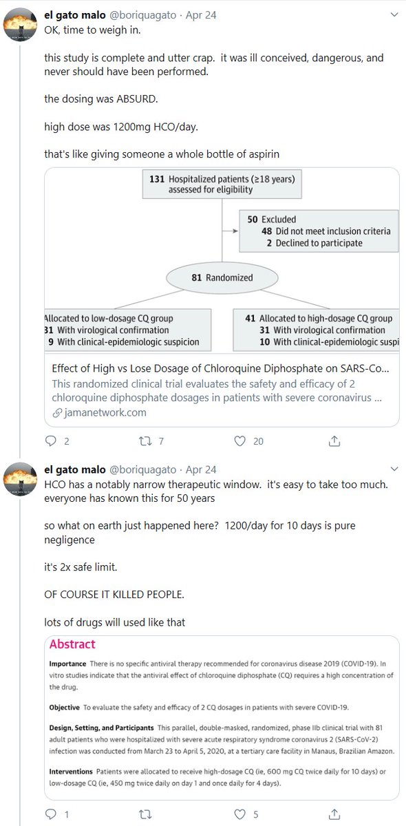 /51  #nCov19  #covid In reference to /48, Mr. Coudrey isn't the only person with a negative view of the Brazilian study that examined  #hydroxychloroquine: