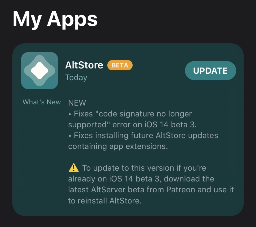 altstoreio's tweet photo. Yes that’s right — AltStore 1.4b4 with support for iOS 14 beta 3 is now available for all Patrons! Download from My Apps tab if on iOS 13, but if you’re already on iOS 14 you might need to manually update via the special AltServers included in today’s @Patreon post 👌 https://t.co/DUS0QGxY5f
