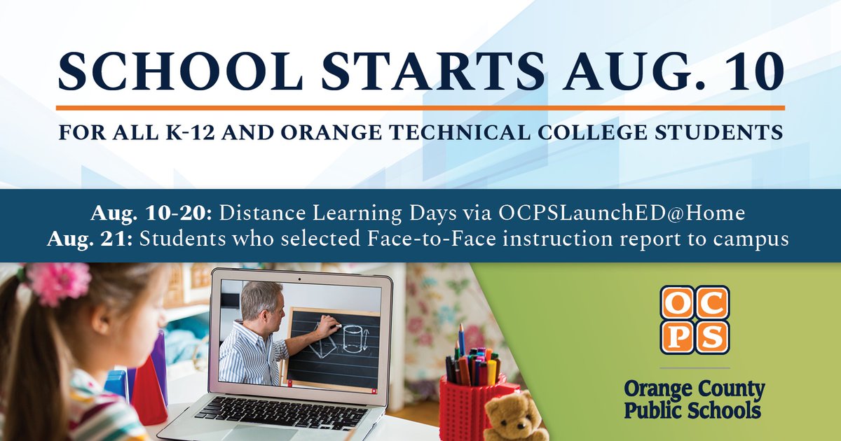 OCPS to provide virtual learning to all students from Aug. 10-20th

As the start of school approaches, we have continued to look for solutions that will accommodate parent, student and teacher needs. It remains challenging, and as promised, plans continue to be fluid. 
1/10