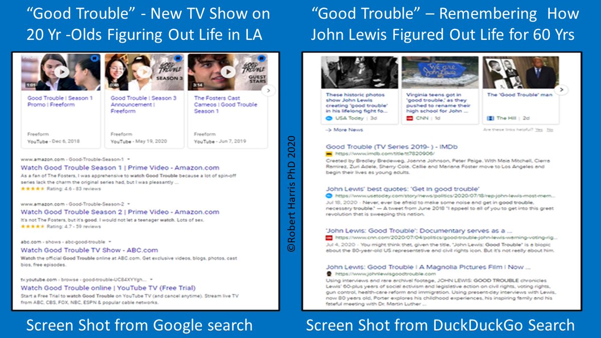 viewshift1's tweet photo. Will the TV program “Good Trouble” have its 20-year-olds explore what they could learn from the “Original Gangster (OG)” of #GoodTrouble - Congressman, John Lewis (RIP)?  Google searches for “Good Trouble” focuses on the TV show; DuckDuckGo focuses on legacy of John Lewis. 

WHY? https://t.co/L5Y3M1y56v
