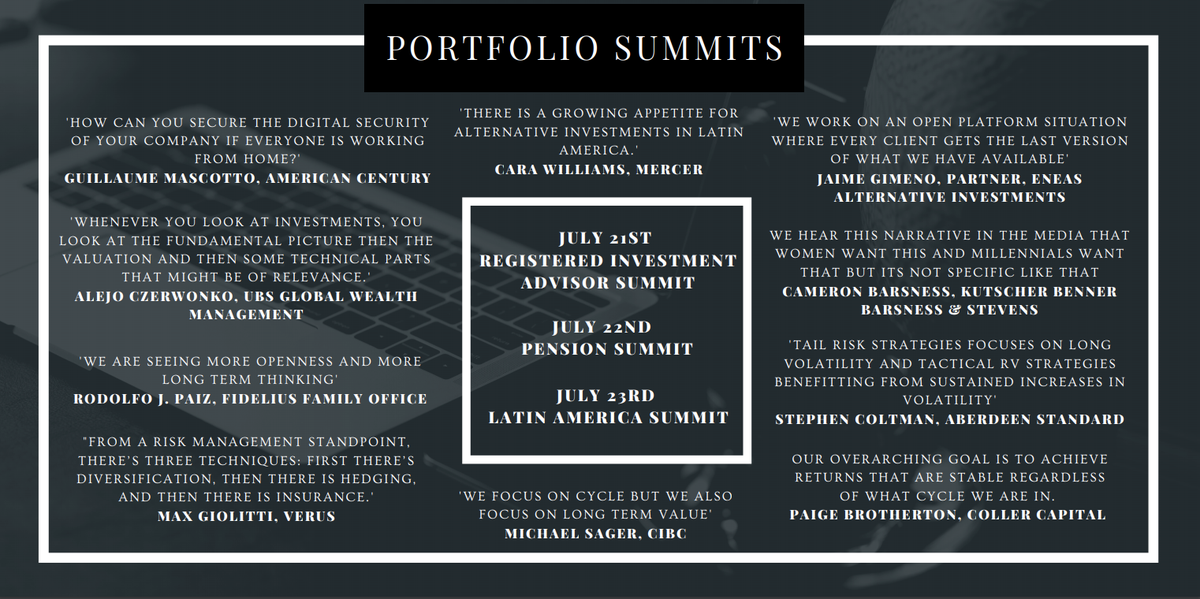 ICPortfolio's tweet photo. Last week we had an amazing group of panelists from during our three day long summits, click below for a snapshot of some noteworthy quotes from panelists: @coller_capital #kbbs @SignatureFD #slatestonewealth @americancentury #verus @cibc @ASInvestments @ubs #fidelius @mercer https://t.co/zmJEqDPP0q