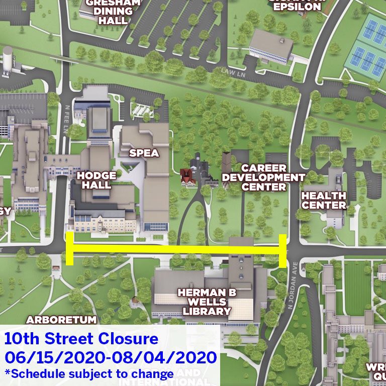 IUTransport's tweet photo. 10th Street closure UPDATE:  10th Street between Fee Lane and Jordan Avenue will be closed June 15-Aug. 4, 2020, to construct a pedestrian crossing. Sidewalks also will be closed. Schedule is subject to change.  🚧 https://t.co/otntZOT660