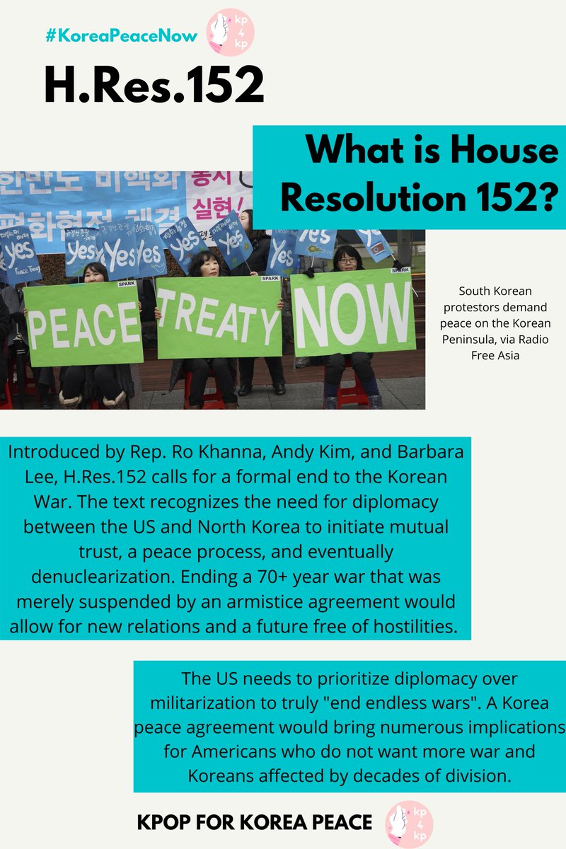 kpop_connect's tweet photo. DAY 4 #KoreaPeaceNow 

Help us formally end a war that was merely suspended by an armistice 67 years ago today. The US needs to work towards a Korea peace agreement and usher in diplomacy with NK to end decades of unnecessary war &amp; militarization of the Korean Peninsula. #HRes152 https://t.co/PkMN7NSjLZ