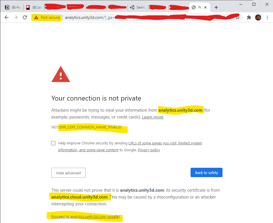 mccorkle's tweet photo. It looks like https://t.co/uVRaQ4nM74 is using a cert from https://t.co/dD6awyHMLW without a wildcard or SAN certificate and it is throwing a warning when accessing the site without being logged in.  Can't reproduce after successful log in.  @unity3d https://t.co/n7SeZyFxhm
