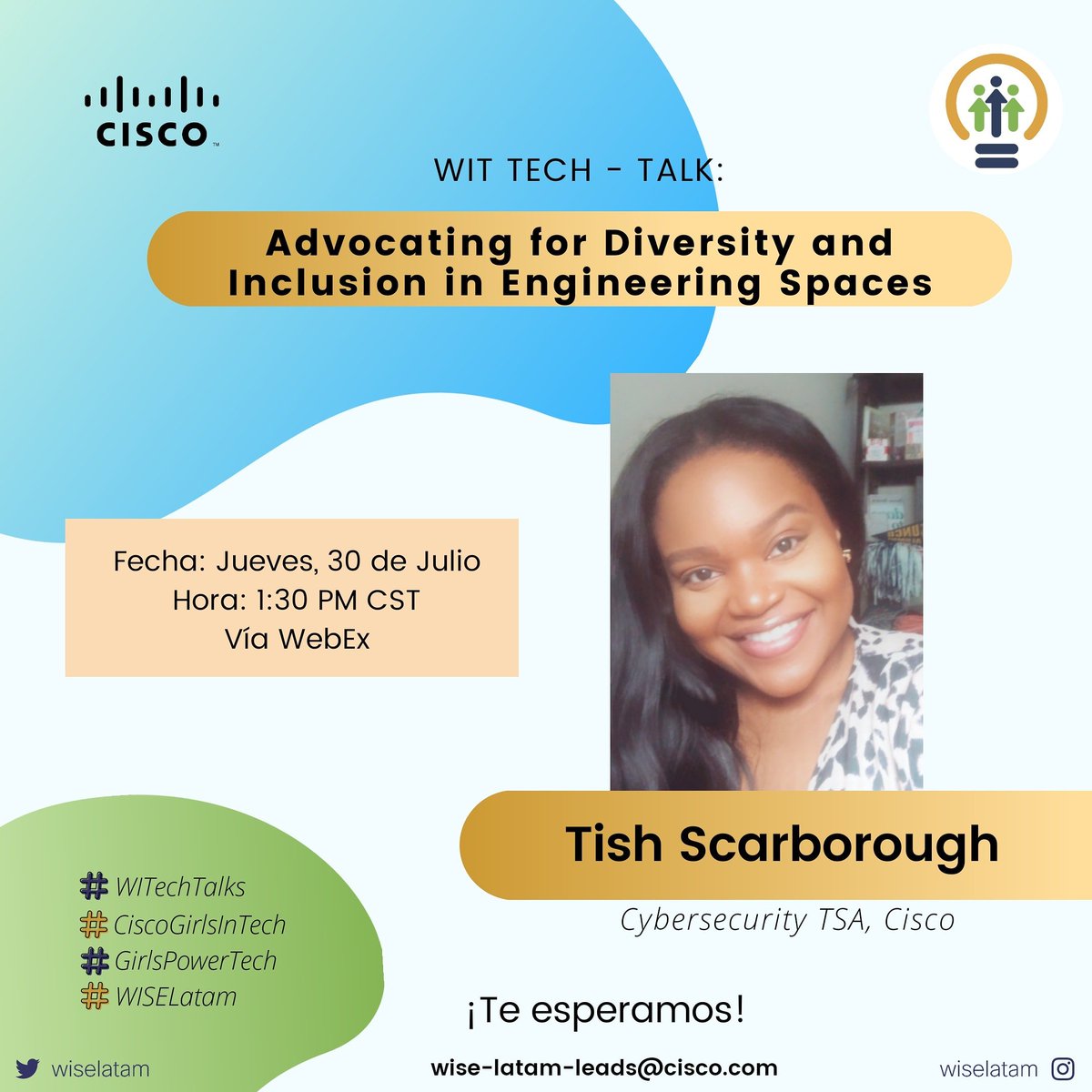wiselatam's tweet photo. WIT TECH TALK! 🙆♀️
Una vez más les invitamos a esta wit en donde tendremos a Tish, una TSA que nos platicara un poquito de inclusión en el mundo ingenieril 👩💻
Es el Jueves a la 1:30 pm CST 🙌
Regístrate aquí: https://t.co/q9m9vNtTBQ !! 🤩
#WITTechTalk #WiSELATAM #GirlsInTechMX https://t.co/u8ASj7agcY