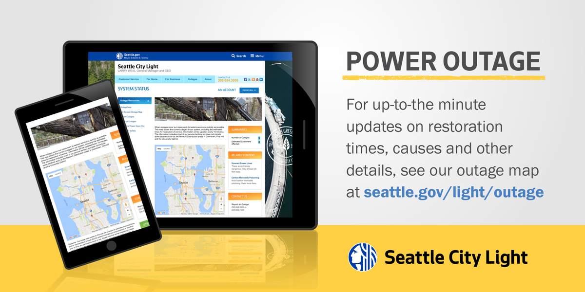 SEACityLight's tweet photo. Crews are responding to an outage affecting approximately 17,000 customers in the North Seattle. The cause is under investigation. We will update this thread as more information becomes available. https://t.co/VDWGfXClDl