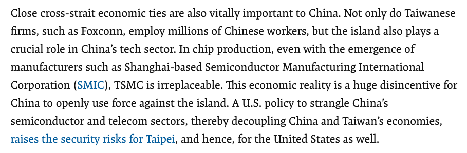 On a third point, Kennedy asserts that China needs Taiwan, and this is evidence of interdependence. This, to me, is naive. Kennedy cites SMIC, a competitor to TSMC that still lags behind in its manufacturing and size. 18/n