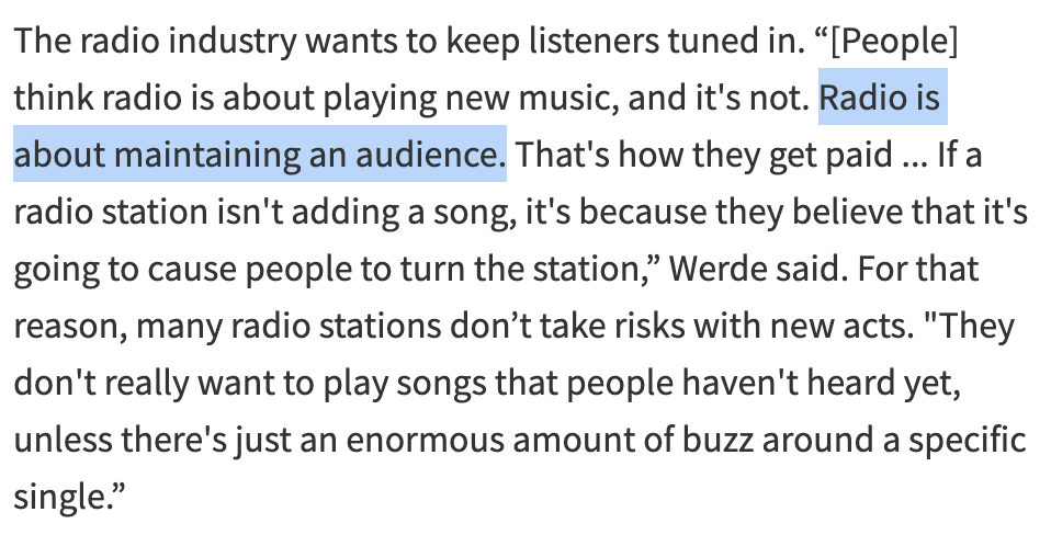 So why hasn’t radio played much BTS?1. Radio is primarily business-driven and is averse to taking what it perceives as risks.Bill Werde, who used to be the editorial director at Billboard, told me: