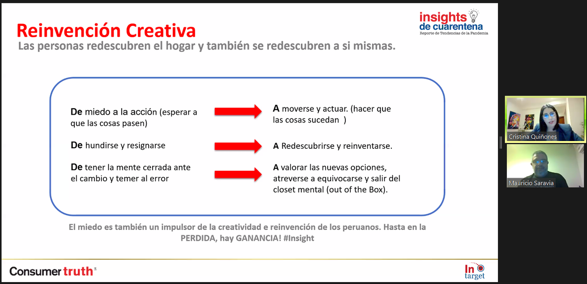 consumer_truth's tweet photo. #InsightsDeCuarentena "El miedo es también un impulsor de la creatividad y reinvención de los peruanos. Hasta en la pérdida hay GANANCIA!" @cristinaq @ojoenlagente en la presentación del #ReporteDeTendencias elaborado por #ConsumerTruth e #InTarget. https://t.co/5ltBfp5H64