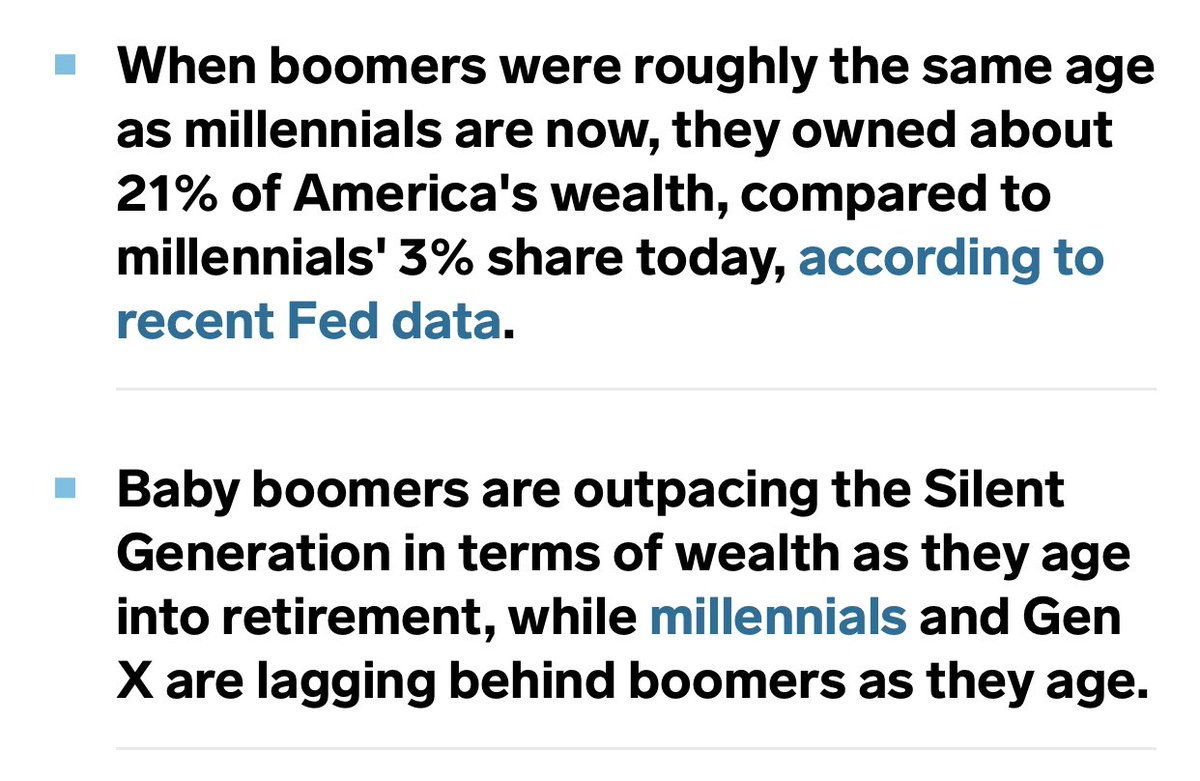 I disagree with the assumption that in time millennials will acquire similar wealth; obvious factors: wage stagnation, rising costs, rising student debt, impact of recession, institutional austerity leading to the end of pensions, rise of gig economy- they all factor in here; +