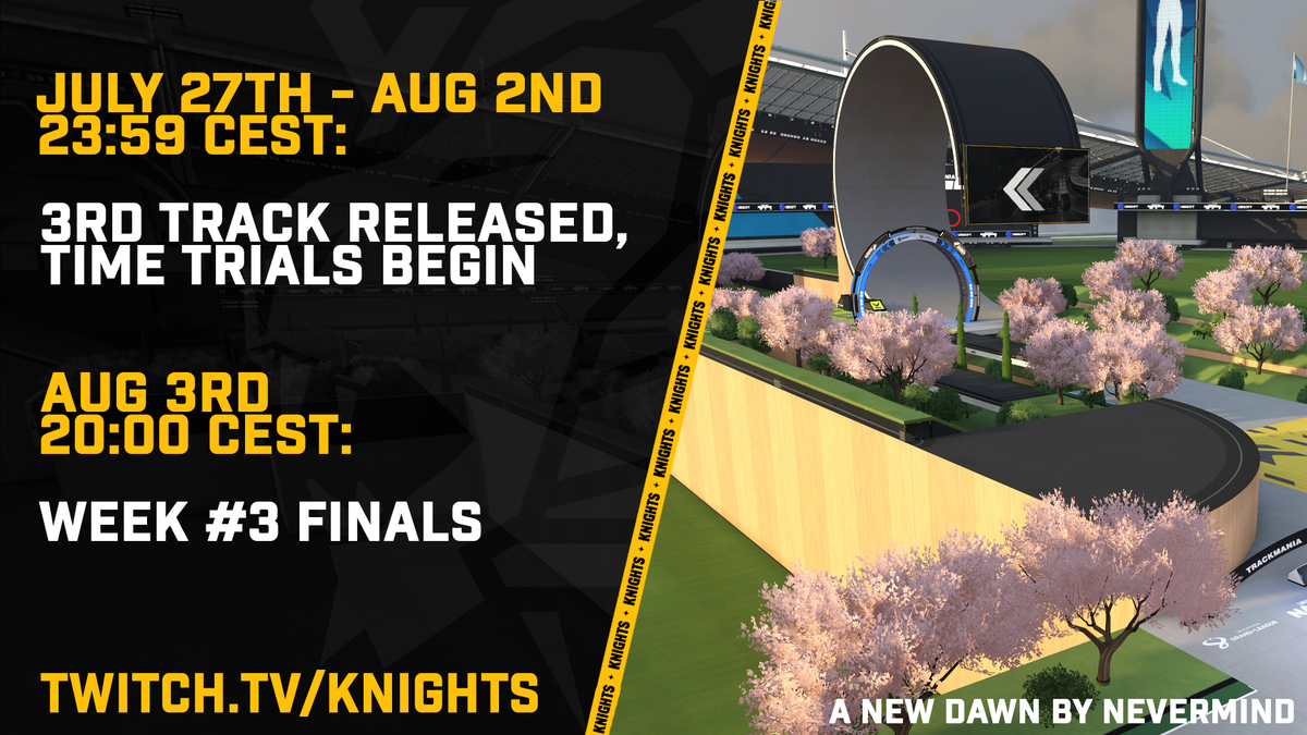 KnightsGG's tweet photo. Who is ready for the #KnightsVision map for Week 3? The third map is "A New Dawn" by Nevermind. 👊

Hop in the Pittsburgh Knights @Trackmania Club because only the 16 fastest times get to compete in the Week 3 finals of #PKARC August 3rd. Goodluck! 🏁 https://t.co/7umDf7isyi