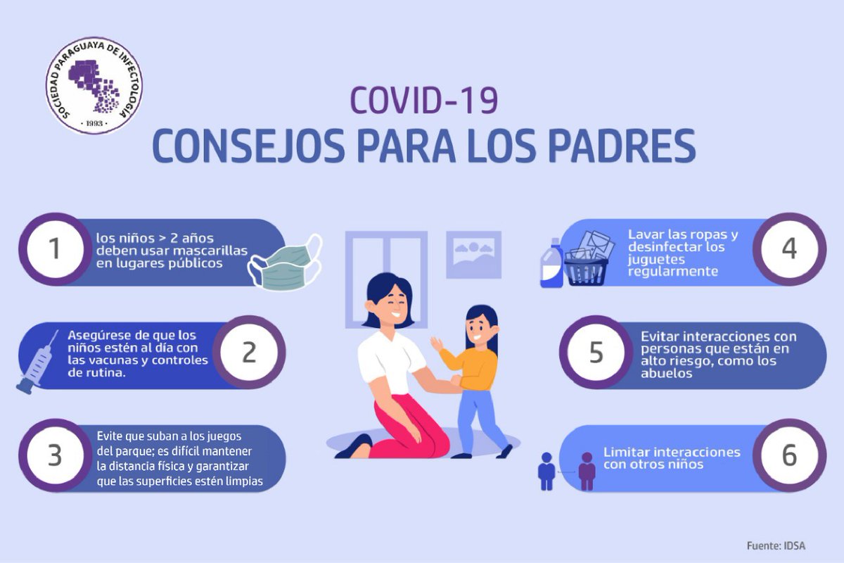 SPInfectologia's tweet photo. #COVID19py Consejo para padres!
La mejor vacuna que tenemos es el distanciamiento físico y el uso de mascarillas, practiquemos! https://t.co/hKHSSLCEJx