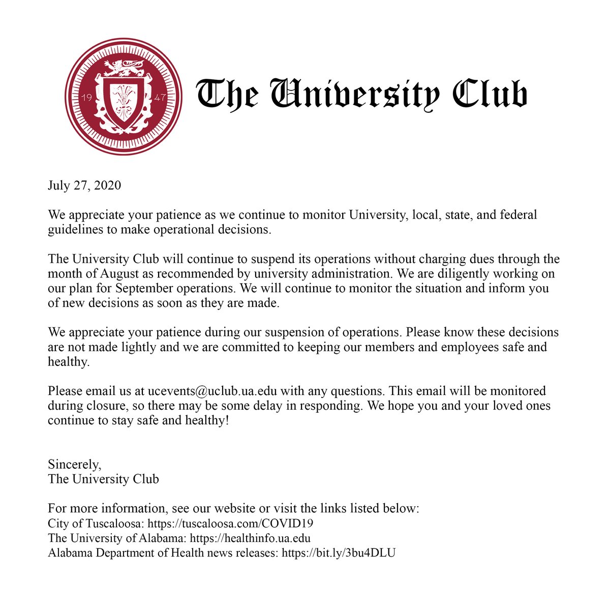 We hope you are continuing to stay safe and healthy! We will keep you updated with any changes as soon as they come. Thank you for your patience!

Please feel free to email us with any questions.