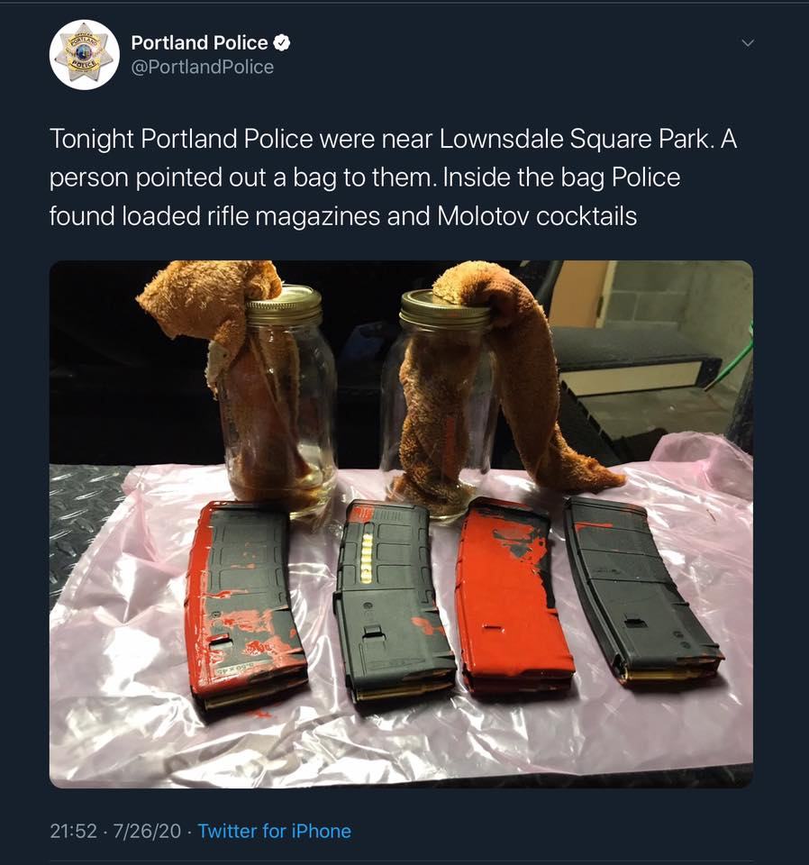 Lots of propaganda, like this image tweeted out by the Portland police of obviously empty jars and magazines wet with the paint protesters have been throwing at cops, is often clumsy and obviously fabricated. Propaganda doesn't have to be elegant to work, though.