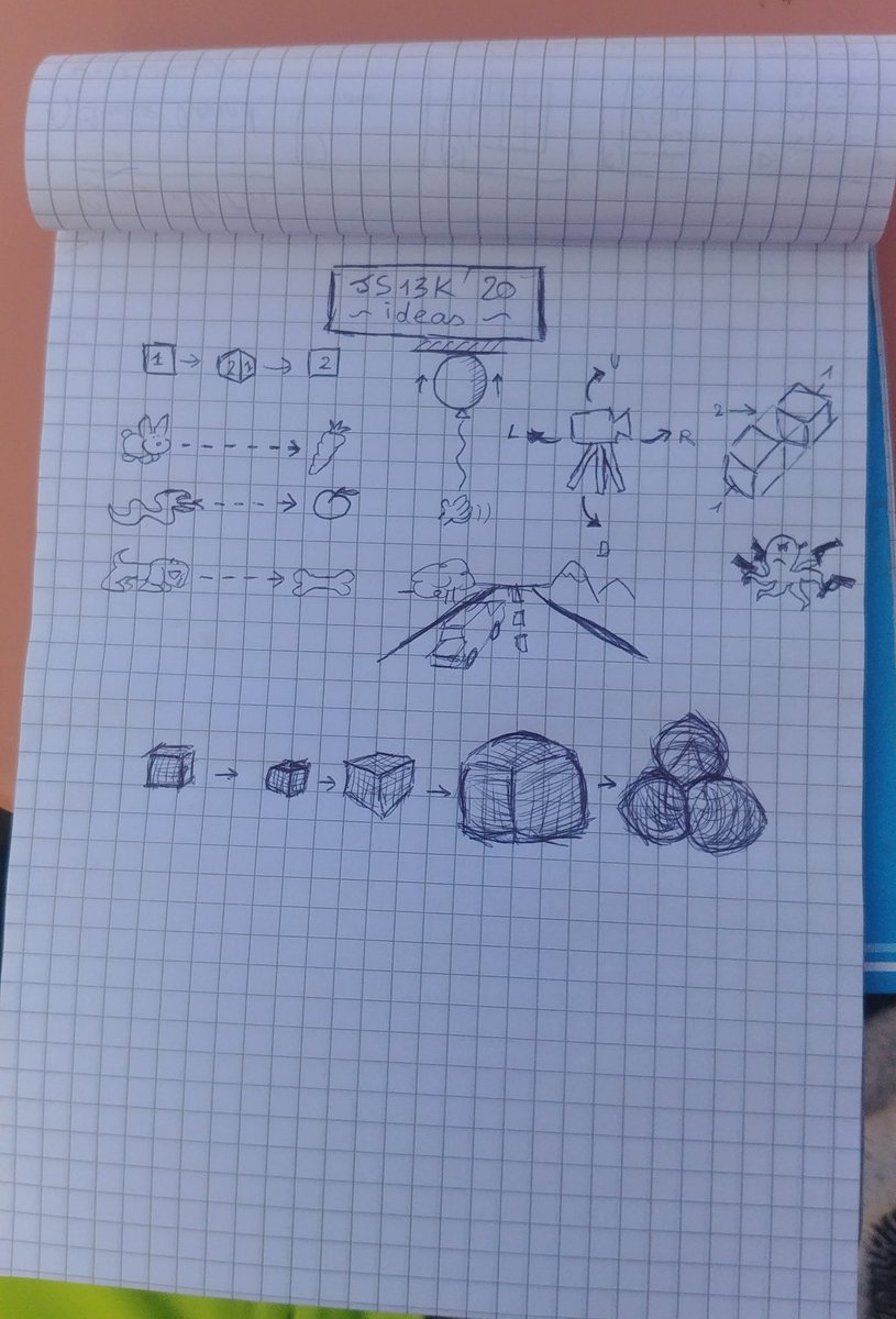 2) I highly recommend scribbling on a notepad. Even if it looks dumb or absurd, once in a while a great idea will pop out of it !I won  #js13k 2017 after implementing an idea I got by coloring the squares of my notepad.This year, I wanna play with perspective and emoji!  