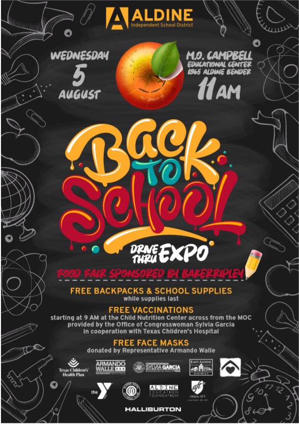 Aldine_FACE's tweet photo. Come and celebrate with us the beginning of a great school year! Back to School Drive-Thru EXPO on August 5th at MOC. Free vaccinations will be provided at Child Nutrition starting at 9:00 a.m. @AldineISD @drgoffney @Only1sheleah @KatyRoede https://t.co/foLHW0LoRu
