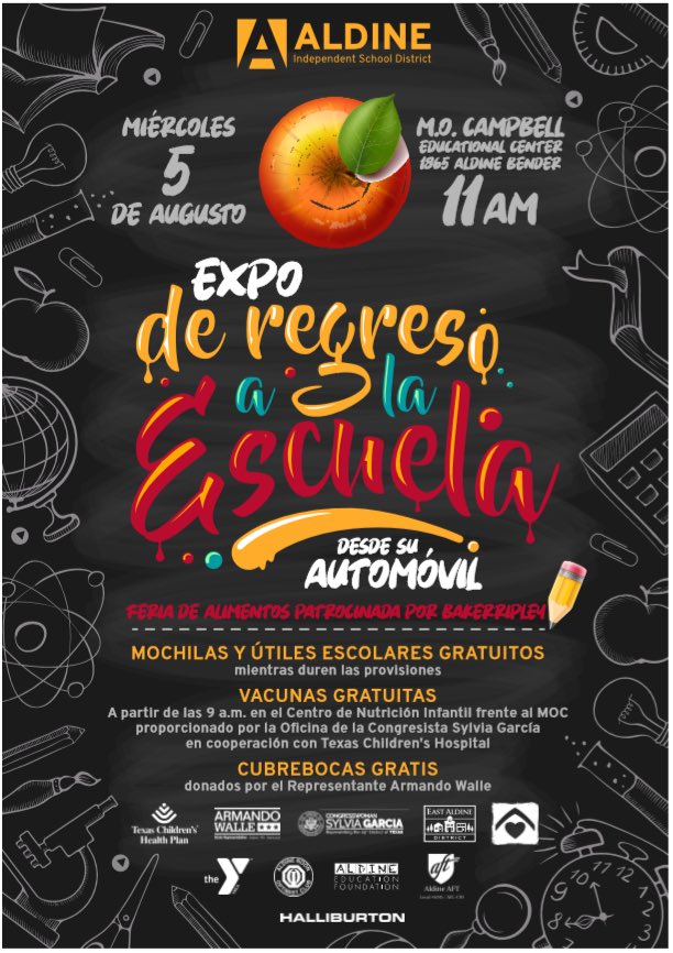 Aldine_FACE's tweet photo. Come and celebrate with us the beginning of a great school year! Back to School Drive-Thru EXPO on August 5th at MOC. Free vaccinations will be provided at Child Nutrition starting at 9:00 a.m. @AldineISD @drgoffney @Only1sheleah @KatyRoede https://t.co/foLHW0LoRu
