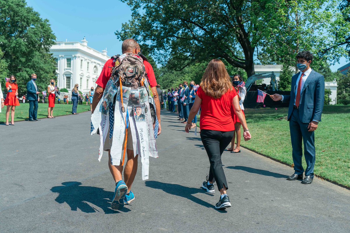 SecondLady45's tweet photo. Wonderful to end my walk with Terry, "The Walking Marine", at the @WhiteHouse where @realDonaldTrump and @SecWilkie surprised him! Terry's commitment to address #Veteran suicide is inspiring and #MoreThanEverBefore we must do all that we can to prevent veteran suicide. https://t.co/C4DcyLag9C