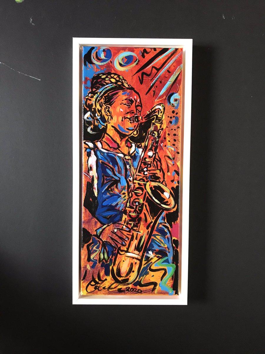 New painting finished today of the amazingly talented saxophonist <a href="/nubya_garcia/">Nubya Garcia</a>. 
Acrylic on canvas 50x20cm framed in white float frame.