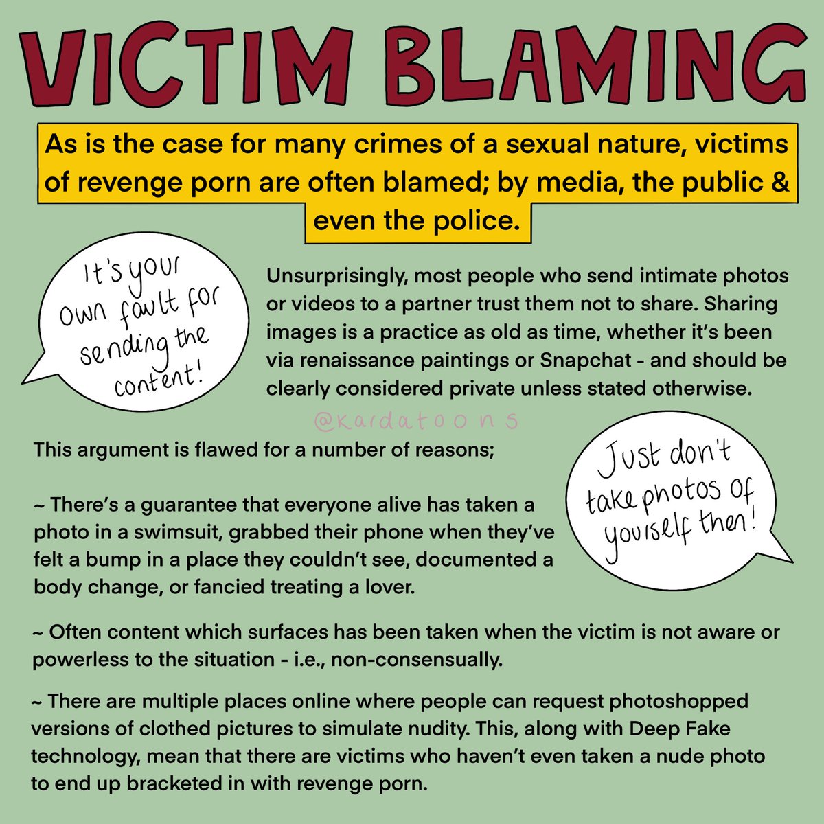 consider this the bones of a conversation that could last 100,000 words; a conversation that needs to keep reoccurring. if you don’t know about revenge porn, don’t understand the consequences, or don’t know what to do if you’ve been a victim - i hope you find this informative. 