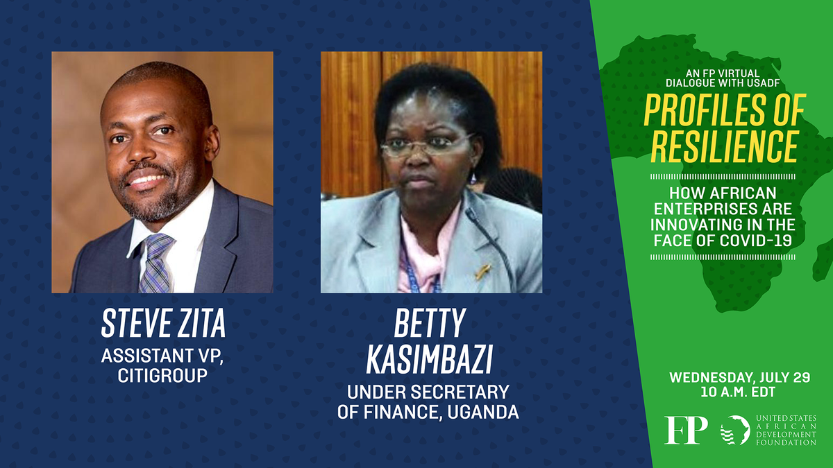 ForeignPolicy's tweet photo. FP and @USADF speaks w/ @stz23 of @Citi and Betty Kasimbazi to discuss investing in Africa. 

Joining: @cdglin, @RepHoulahan, @habiba11, @rucherk_, @GahayaLinks, @colourfulgiggle, @brownbutton_org, @wiebeB_Africa, &amp; @mastercardFDN.
https://t.co/a9LlJ23hej
#FPProfilesOfResilience https://t.co/lHv9p32R1h