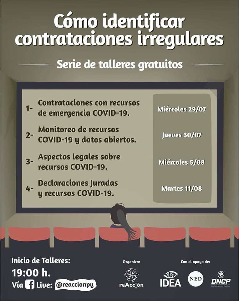 dncp_py's tweet photo. Invitamos a todas las personas interesadas en participar de esta serie de talleres gratuitos sobre “Cómo identificar contrataciones irregulares”, organizado por  @reAccionpy con el apoyo de la DNCP. https://t.co/2mT8QvpnWr